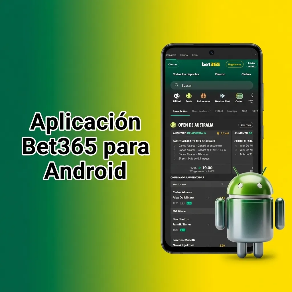 Aplicación móvil Bet365 para Android con opciones de apuestas deportivas y juegos de casino en smartphones