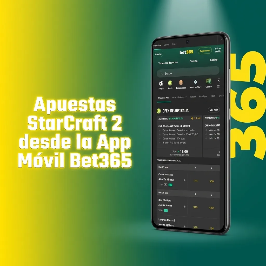 Interfaz móvil de la app Bet365 mostrando opciones de apuestas en torneos de StarCraft 2 con estadísticas en vivo