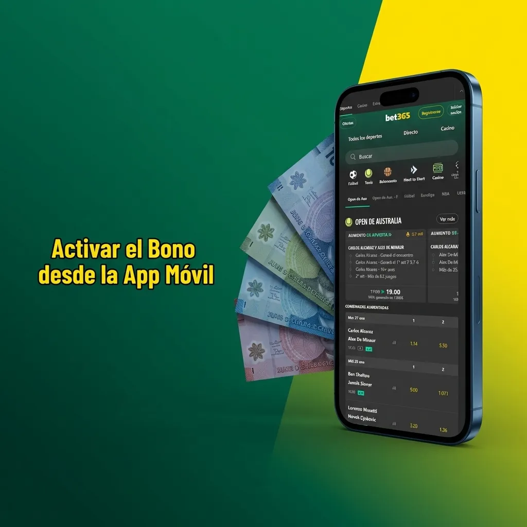 App móvil mostrando pasos para activar bono: descargar, registrarse, depositar $500 CLP y verificar saldo de bonos