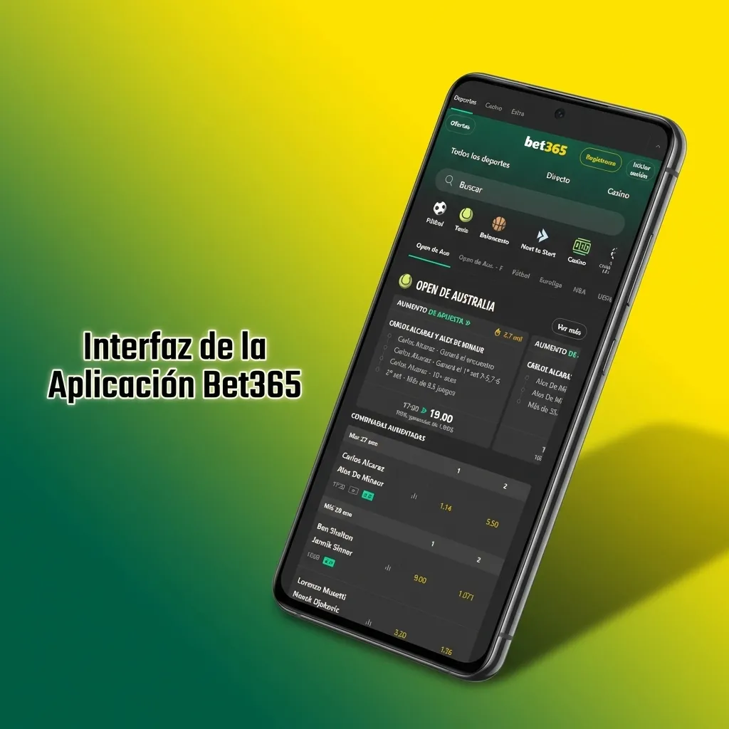 Interfaz móvil de Bet365 mostrando menú de navegación con secciones de deportes, casino en vivo y apuestas en directo